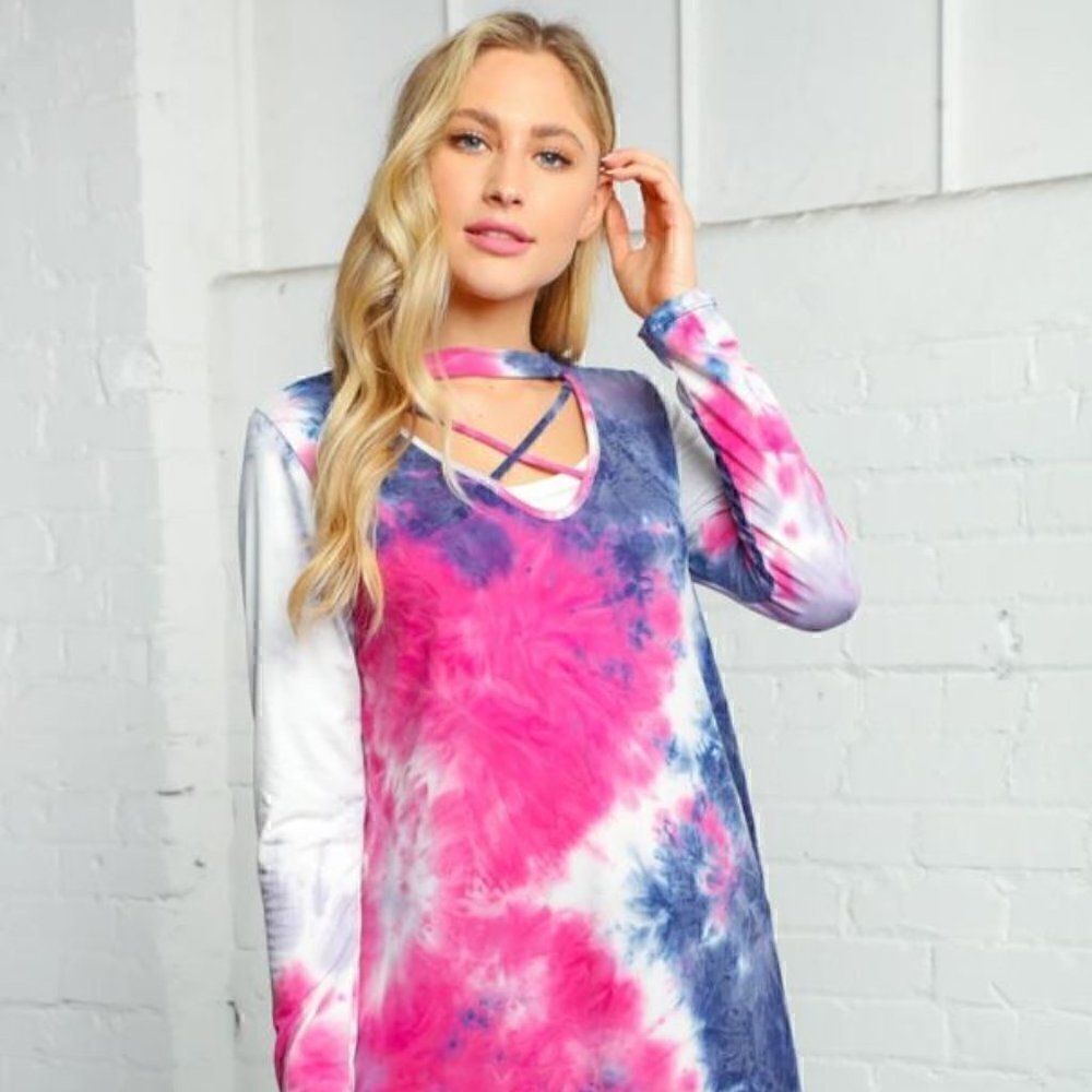 NEW Tie Dye Hippie Criss Cross Choker Tunic Dress